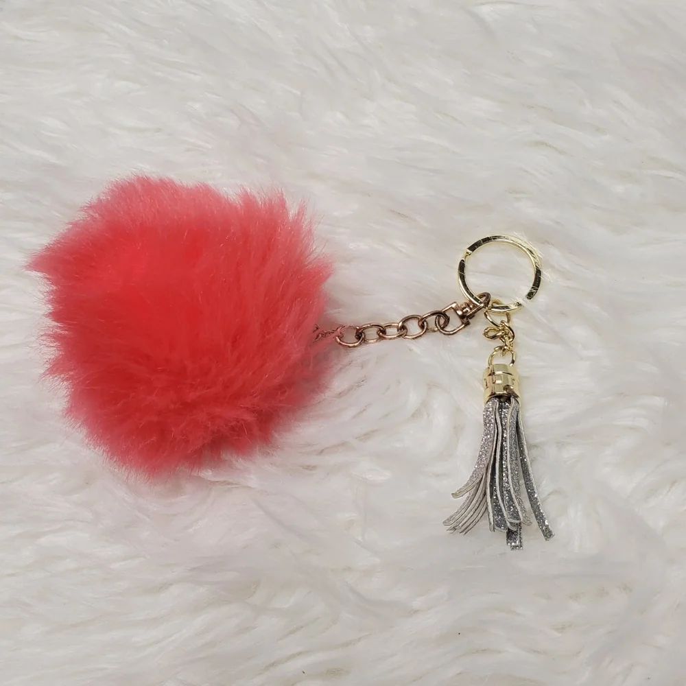 ✨️Chic Pink Fluffy Keychain with Silver Tassel